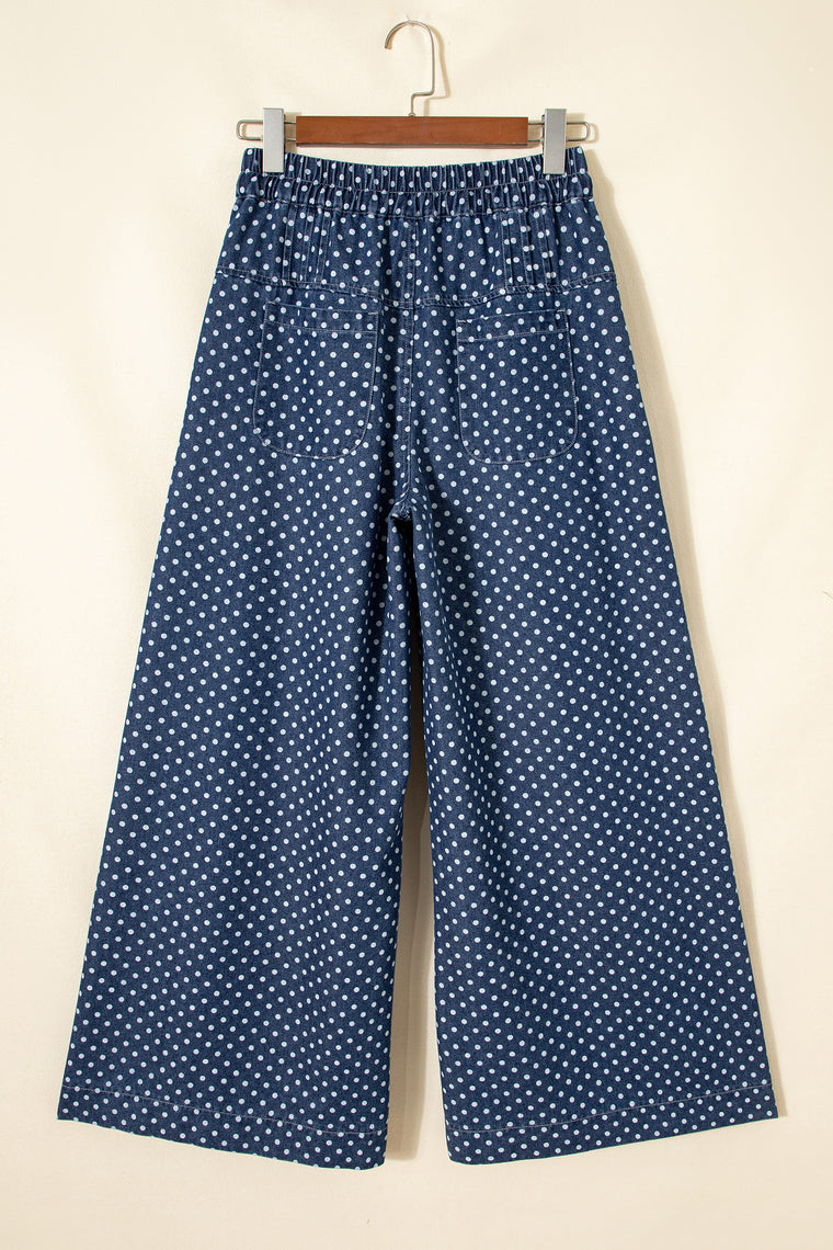 Sky Blue Polka Dot Print Button Pleated Detail Wide Leg Jeans