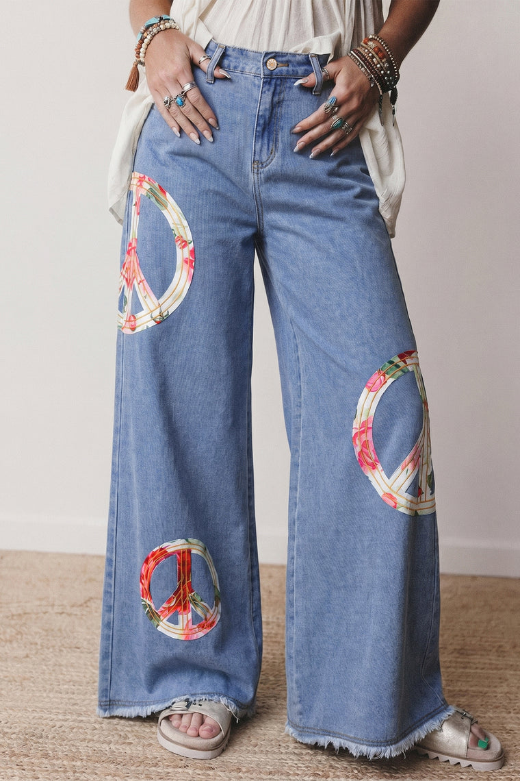 Myosotis Floral Peace Sign Embroidered Patch Wide Leg Jeans