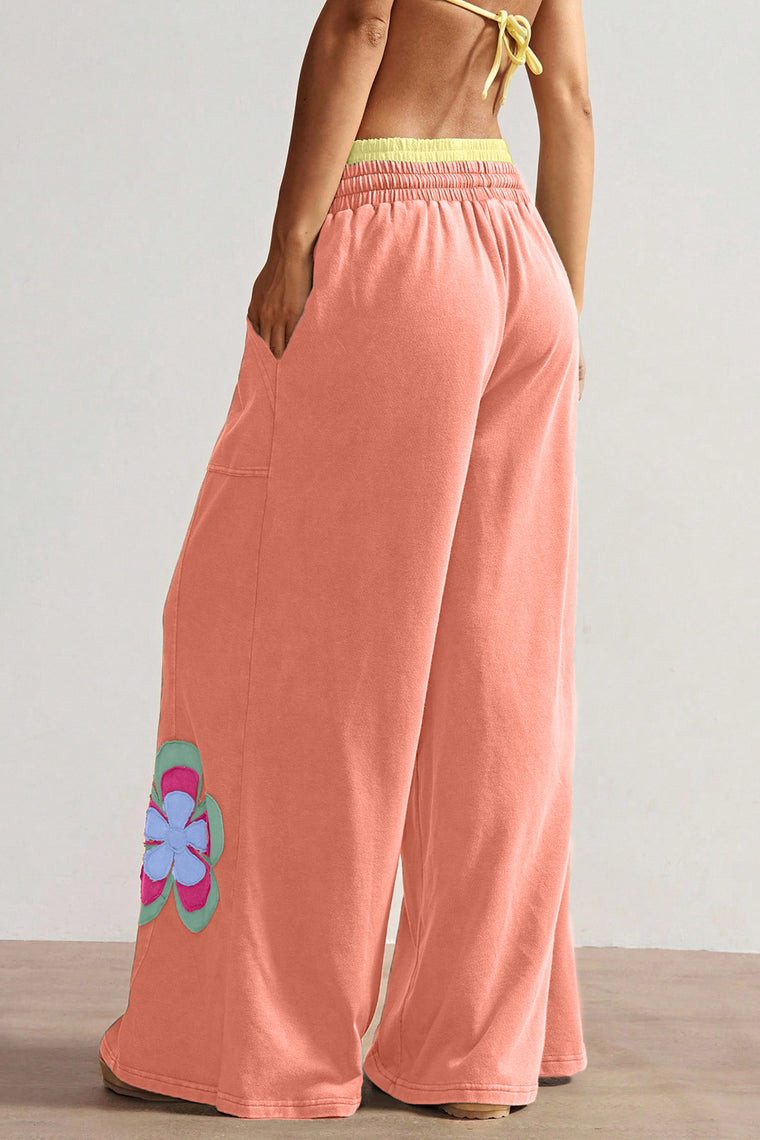 Grapefruit Orange Color Block Flower Patchwork Drawstring Contrasted Elastic Waist Wide Leg Pants