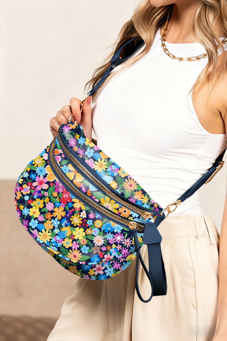 Black Floral Printed Double Zip Crossbody Bag