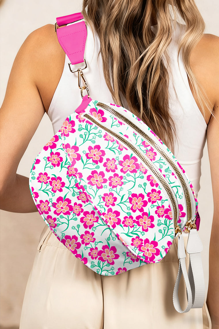Black Floral Printed Double Zip Crossbody Bag