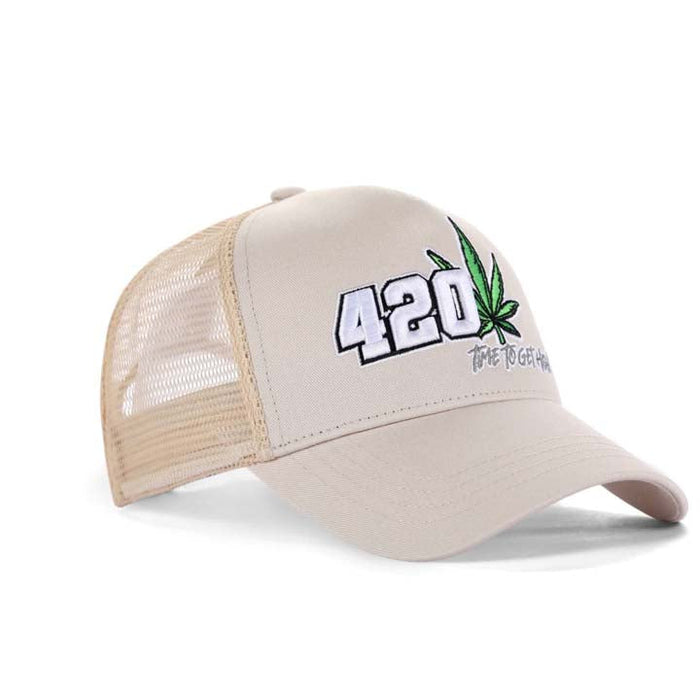 High-Crown 5-Panel “420” Embroidered Cap - Beige