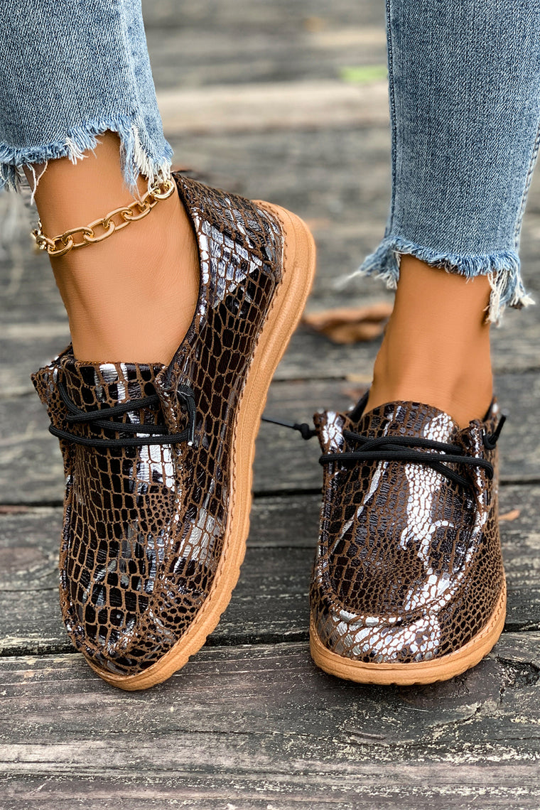 Mustard Ethnic Artistic Print Lace-up Detail Comfort Loafer Shoes