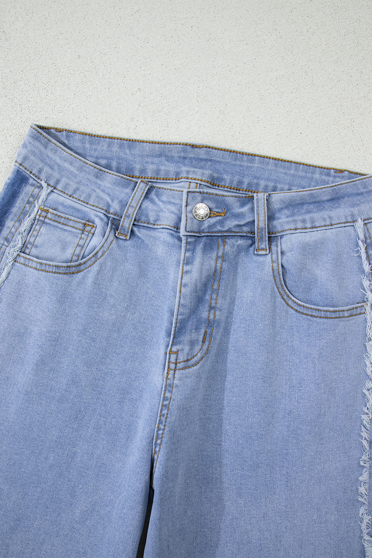 Beau Blue Contrast Stripe Frayed Side Panel Patchwork Shift Jeans