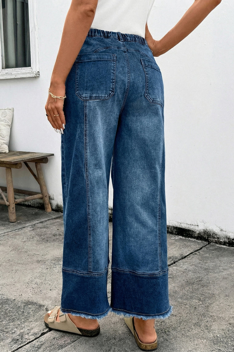 Beau Blue Drawstring Seam Detail Raw Hem Wide Leg Denim Pants