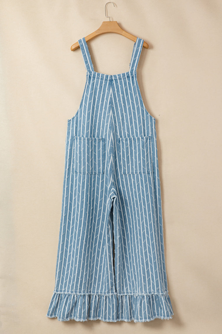 Myosotis Striped Distressed Ruffled Wide Leg Denim Overalls