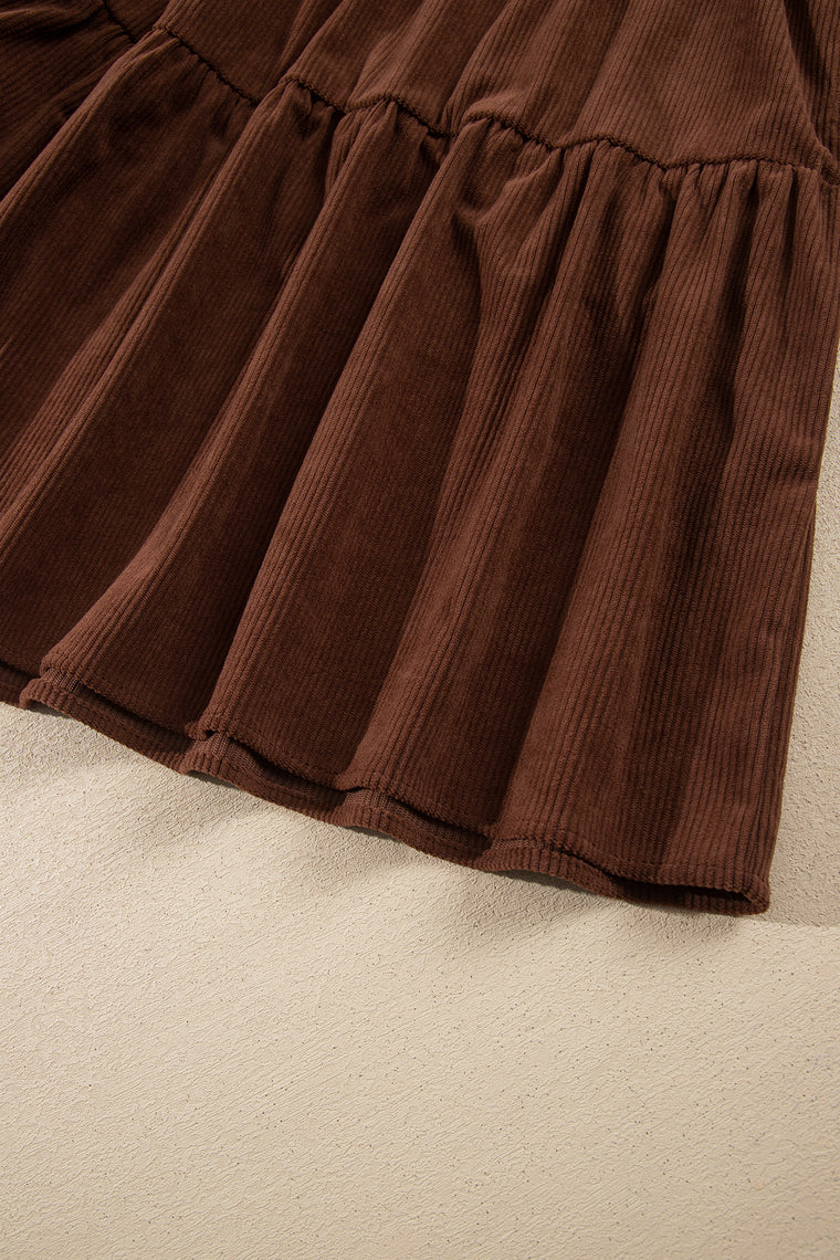 Coffee Winter Corduroy V Neck Long Sleeve Plus Size Mini Dress