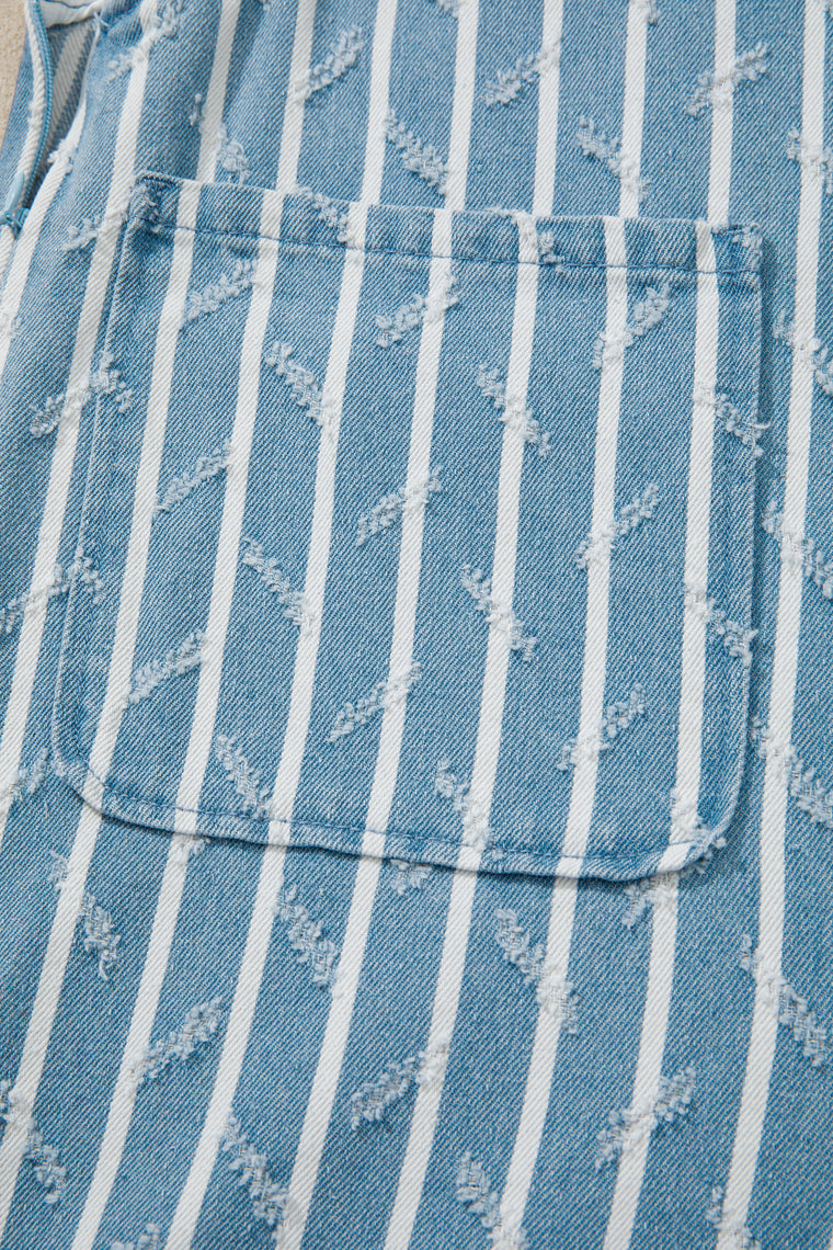 Myosotis Striped Distressed Ruffled Wide Leg Denim Overalls