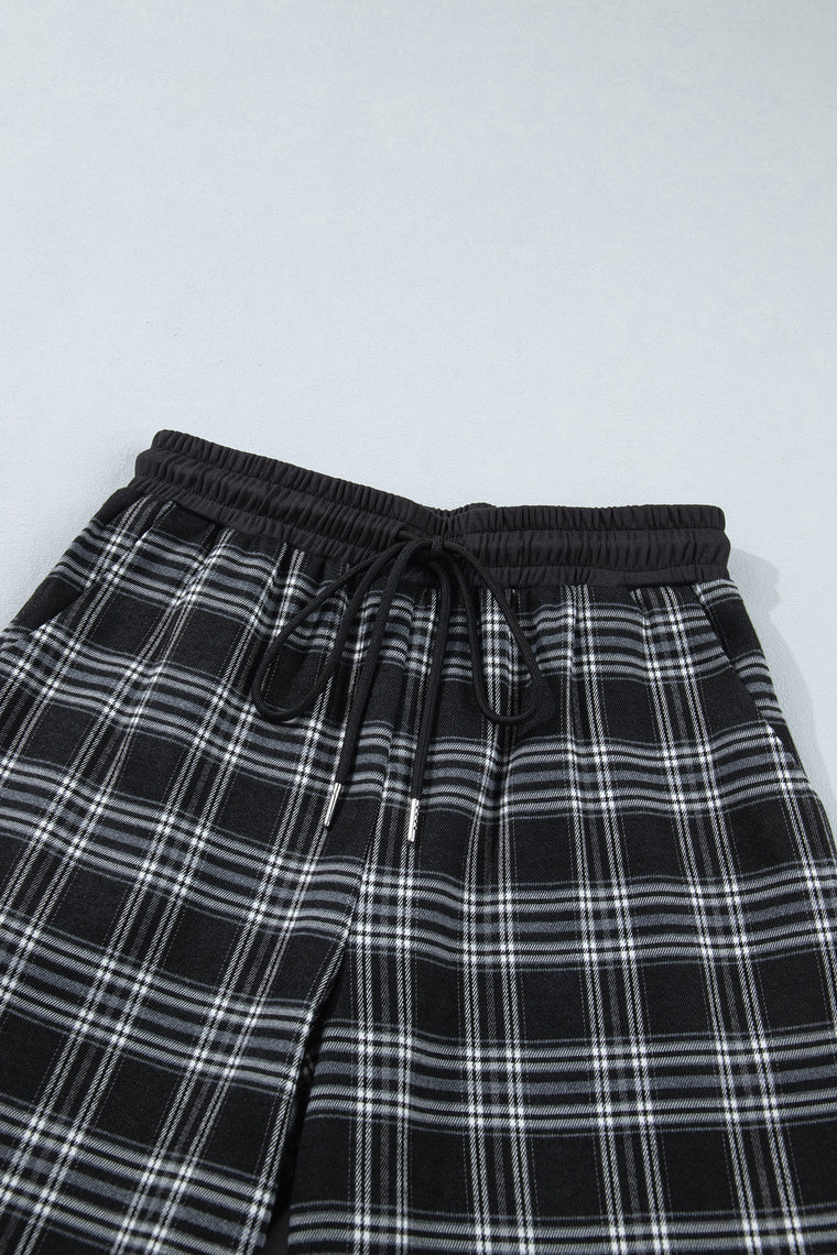 Black Frenchy Plaid Pattern Contrast Drawstring Waist Wide Leg Pants