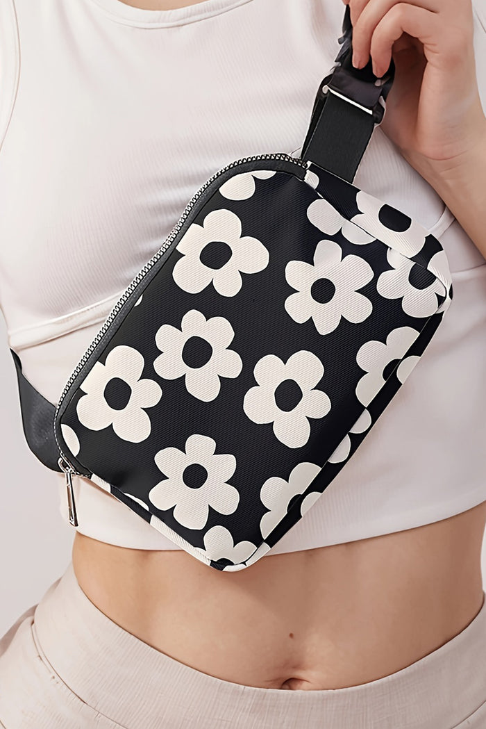 Black Flower Pattern Zipper Cross Body Bag