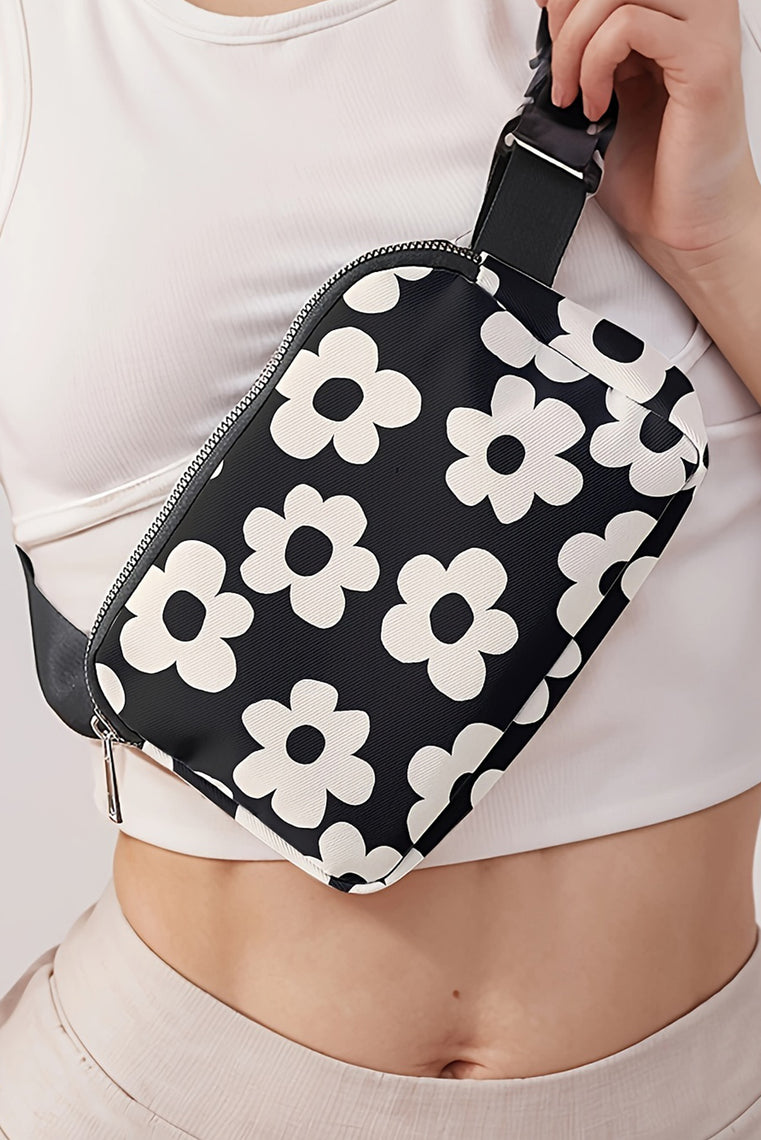 Black Flower Pattern Zipper Cross Body Bag