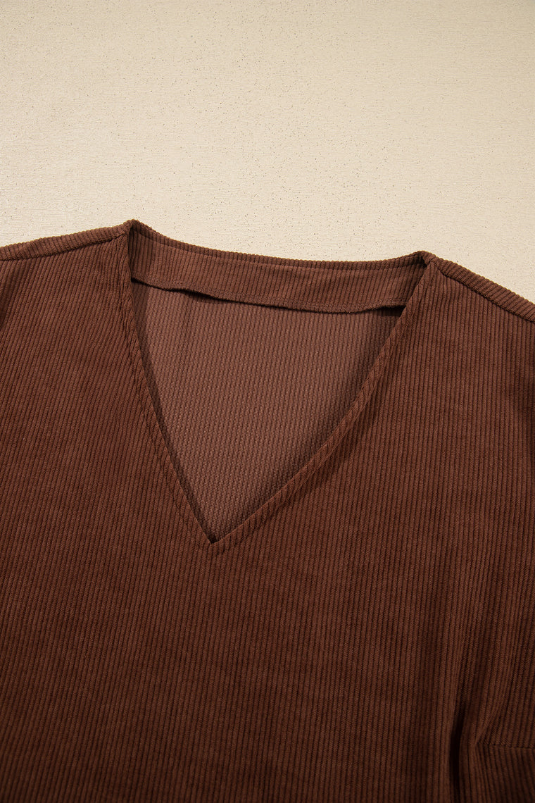 Coffee Winter Corduroy V Neck Long Sleeve Plus Size Mini Dress