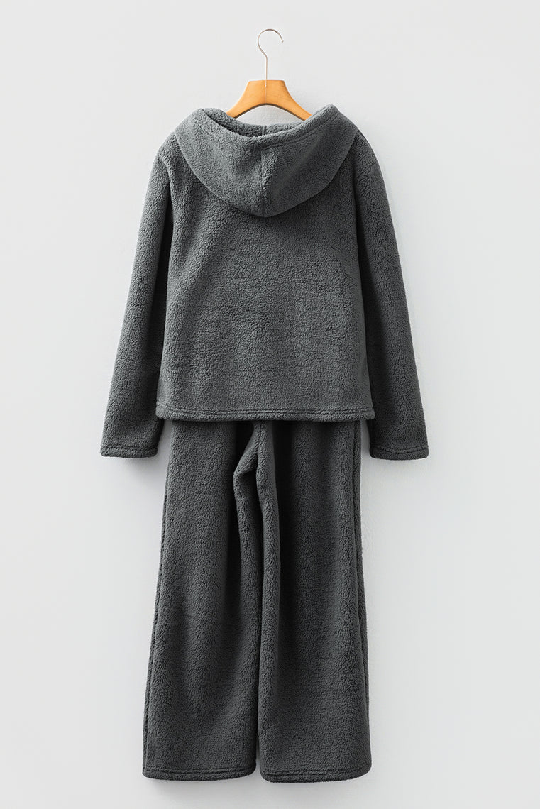 Medium Grey Fuzzy Drawstring Hoodie Lounge Pants 2pcs Set
