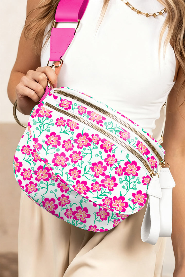 Black Floral Printed Double Zip Crossbody Bag