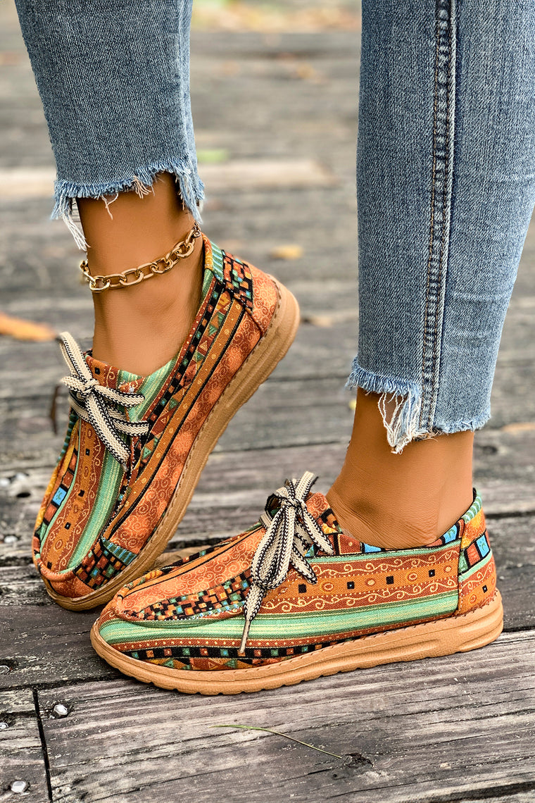 Mustard Ethnic Artistic Print Lace-up Detail Comfort Loafer Shoes