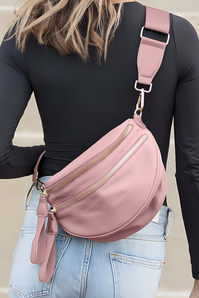 Fiery Red Double Zip Crescent Shape Adjustable Sling Bag