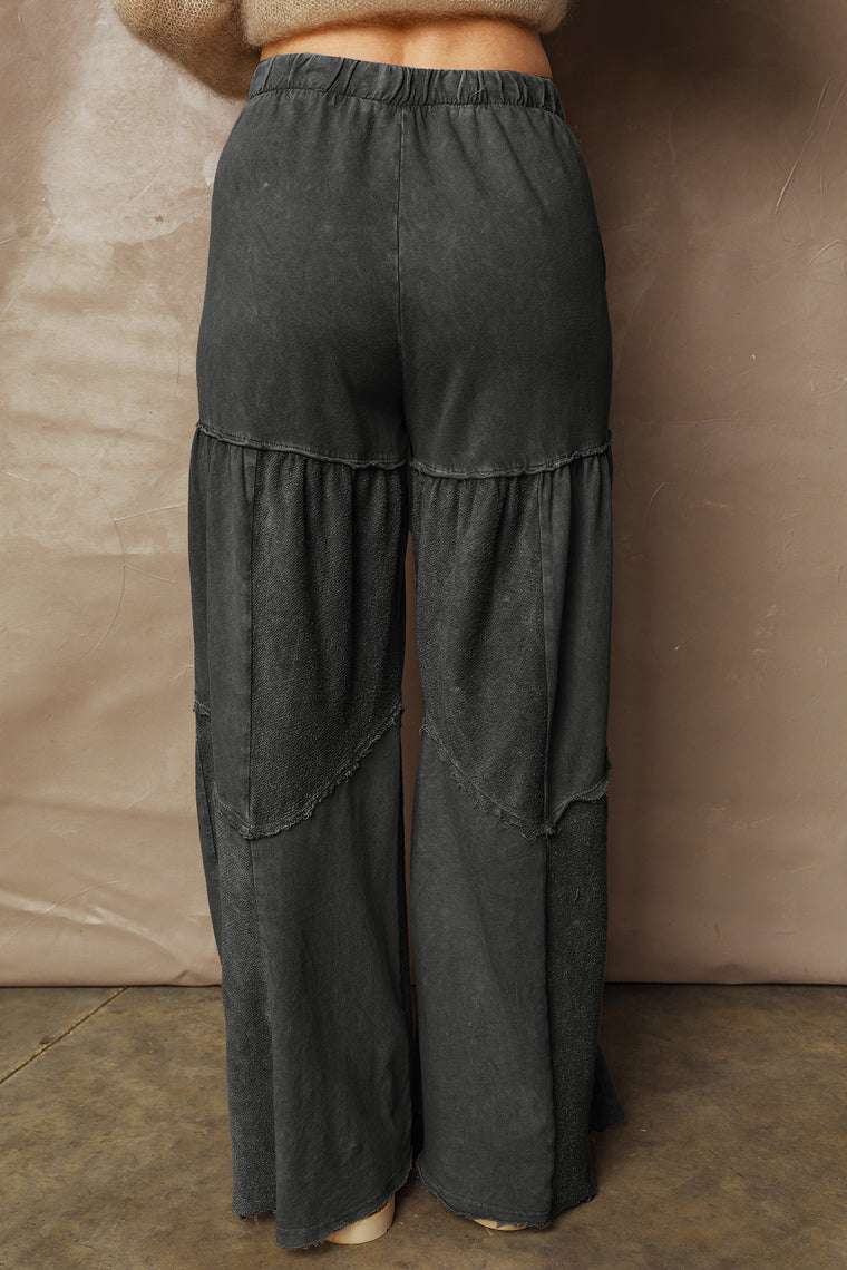 Black Mineral Wash Tiered Wide Leg Patchwork Drawstring Pants