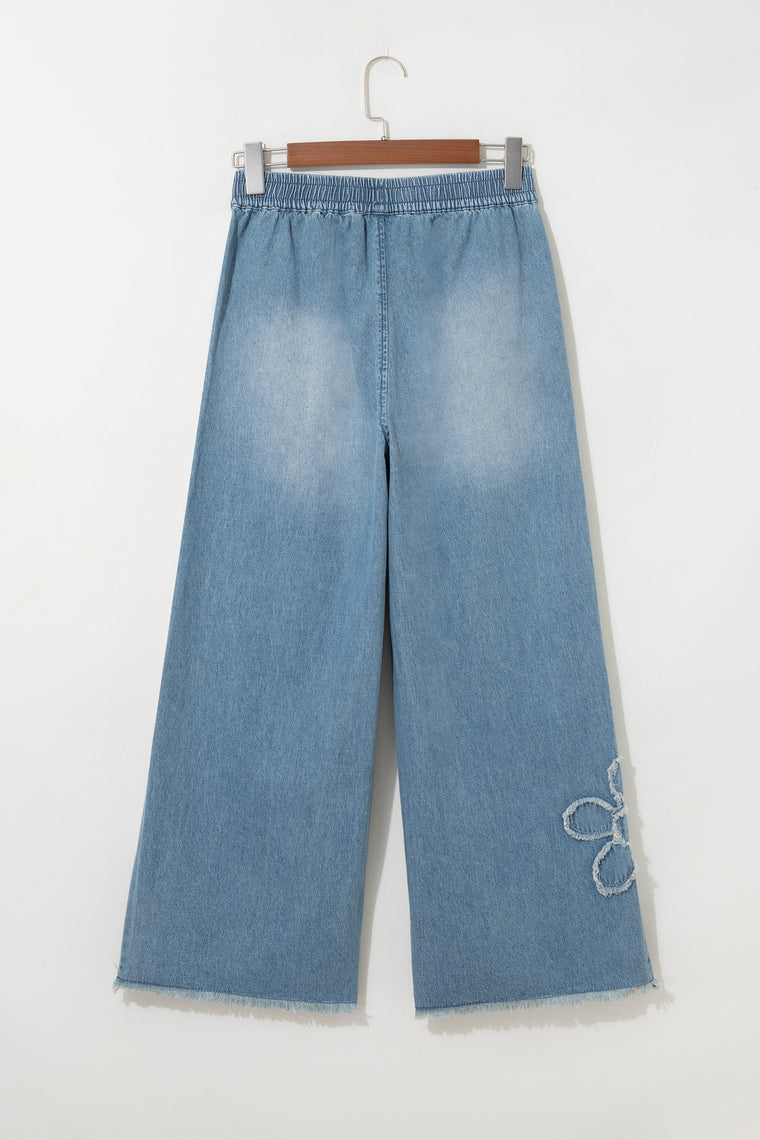 Beau Blue Frayed Floral Patch Wide Leg Raw Hem Wide Leg Jeans
